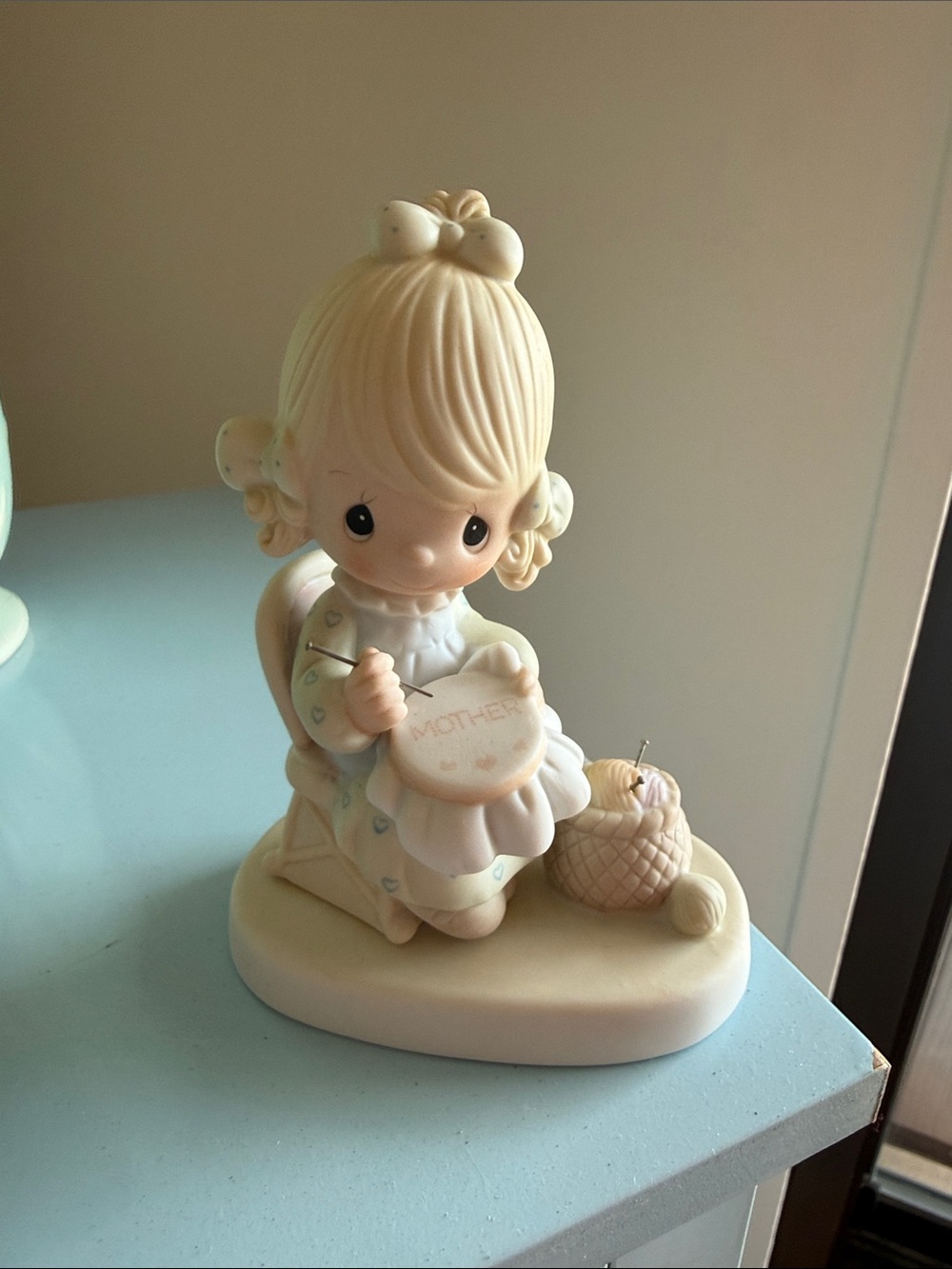 Precious Moments Cream Sewing Girl Figurine with Pastel Accents